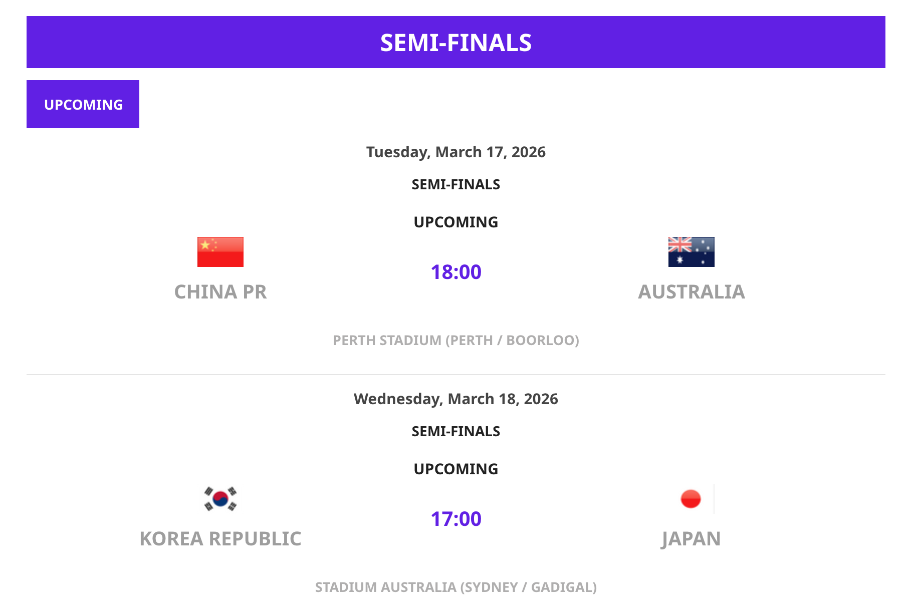 世界杯比赛竞猜-女足亚洲杯半决赛：日韩相遇 中国女足对阵东道主澳大利亚